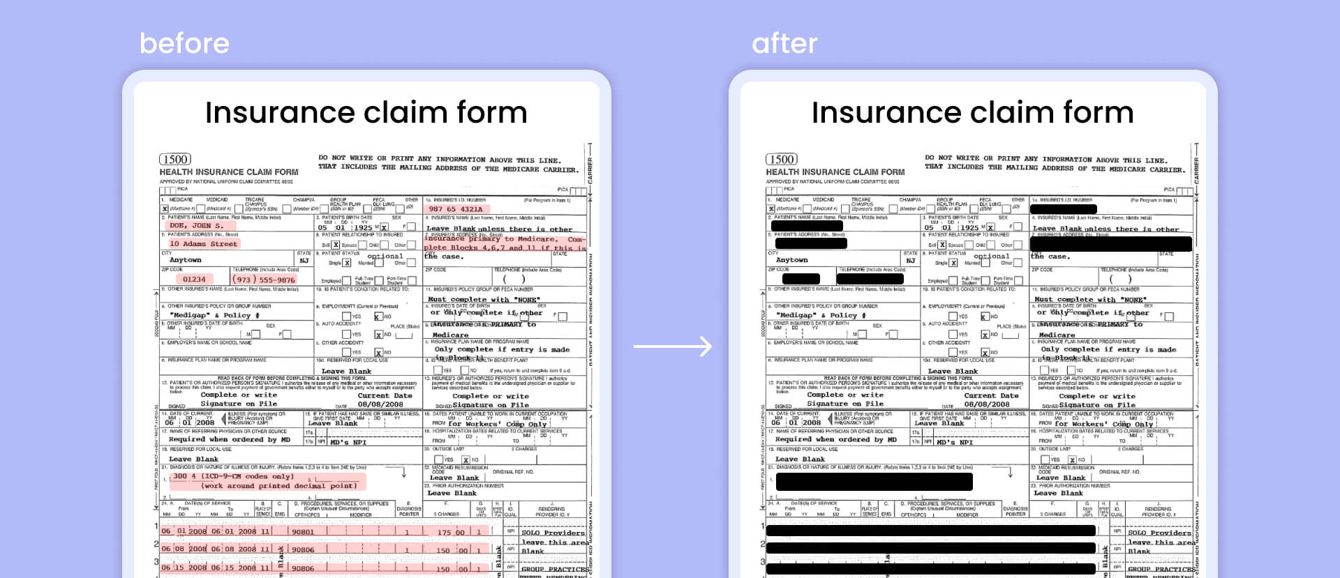 Insurance claim form before and after redaction
