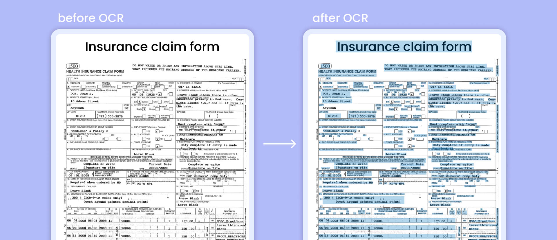 Before and after OCR in claim documents