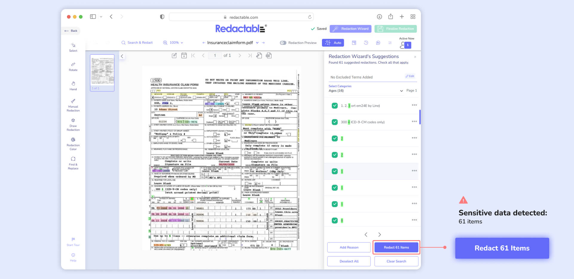 Redact sensitive data in claims