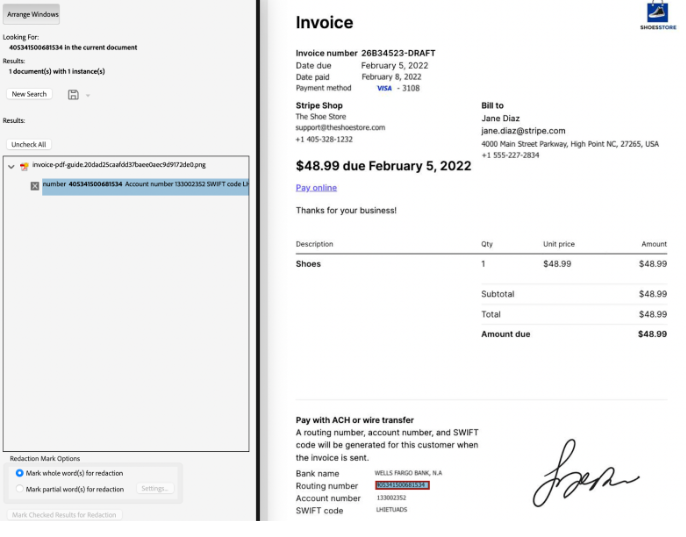 Invoice redaction in Adobe