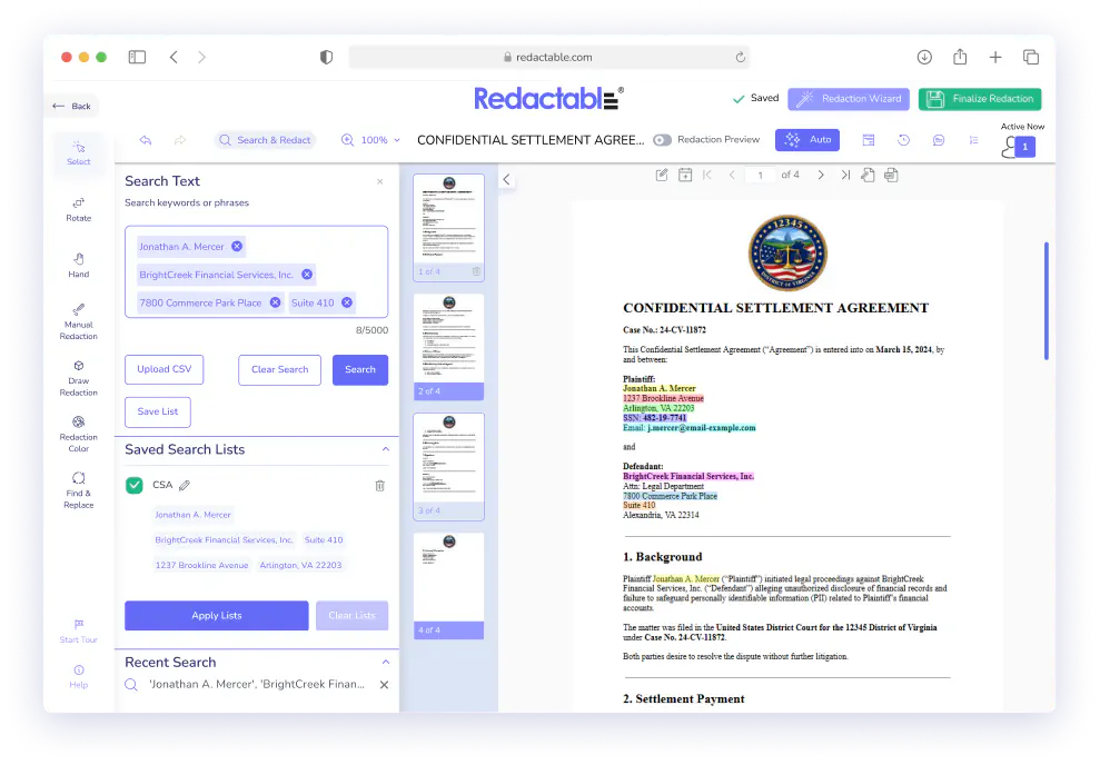 Redactable app interface showing a confidential settlement agreement with search text and highlighted terms.