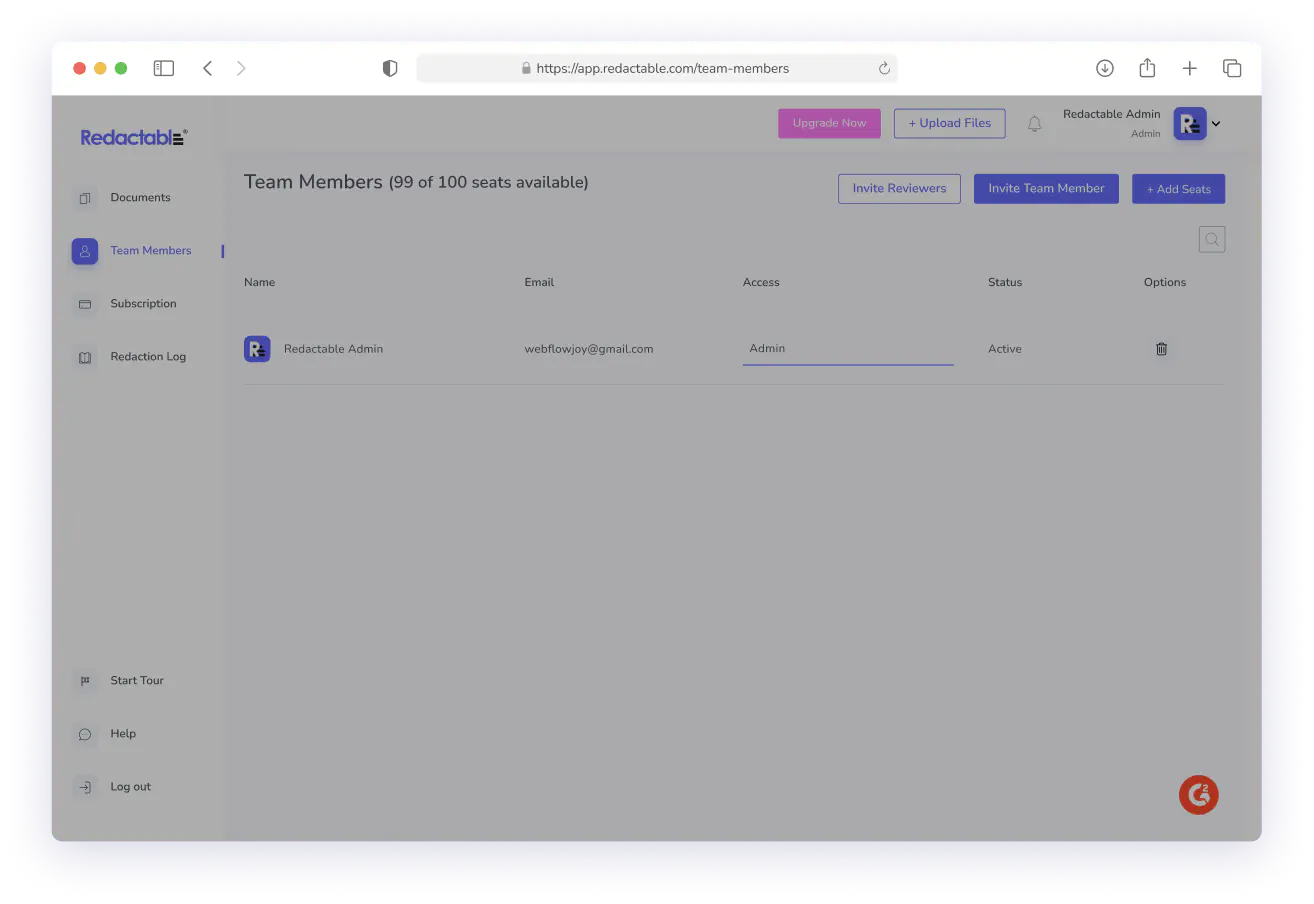Web app screen showing one team member with admin access and active status in Redactable platform.