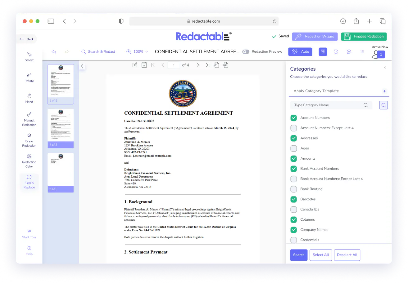 Redactable software interface showing a confidential settlement agreement and redaction category options.