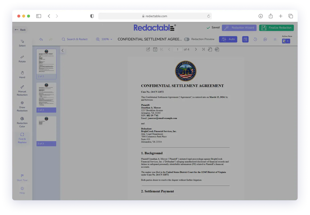 Screenshot of a confidential settlement agreement document open in Redactable.com editor interface.