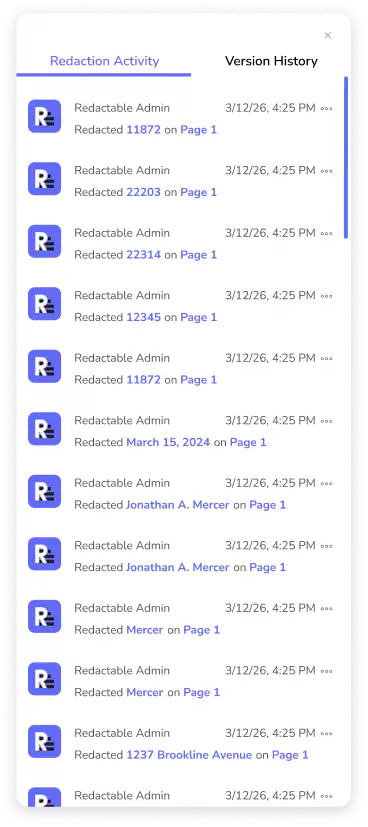 List of redaction activities by Redactable Admin with dates, times, and references to Page 1.
