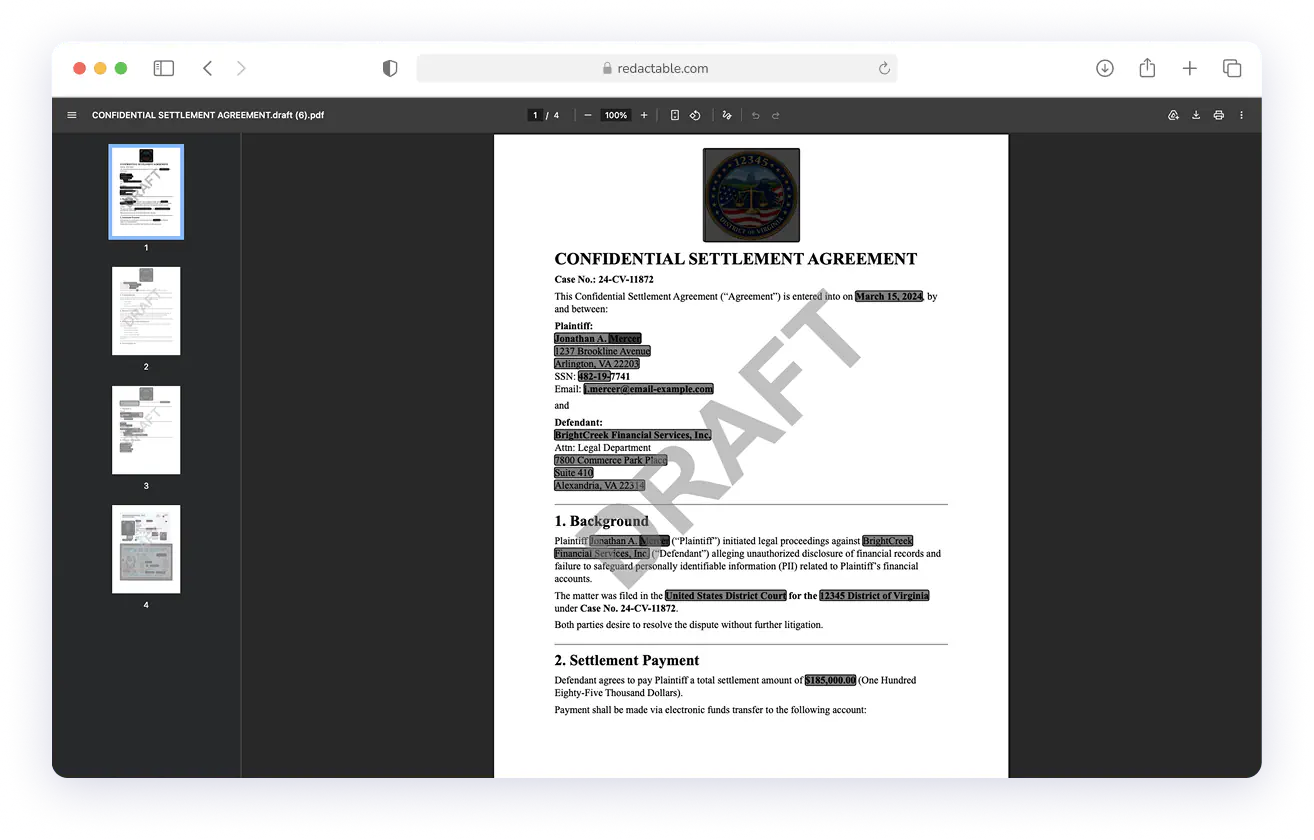 PDF showing a confidential settlement agreement with redacted sensitive information and a DRAFT watermark.