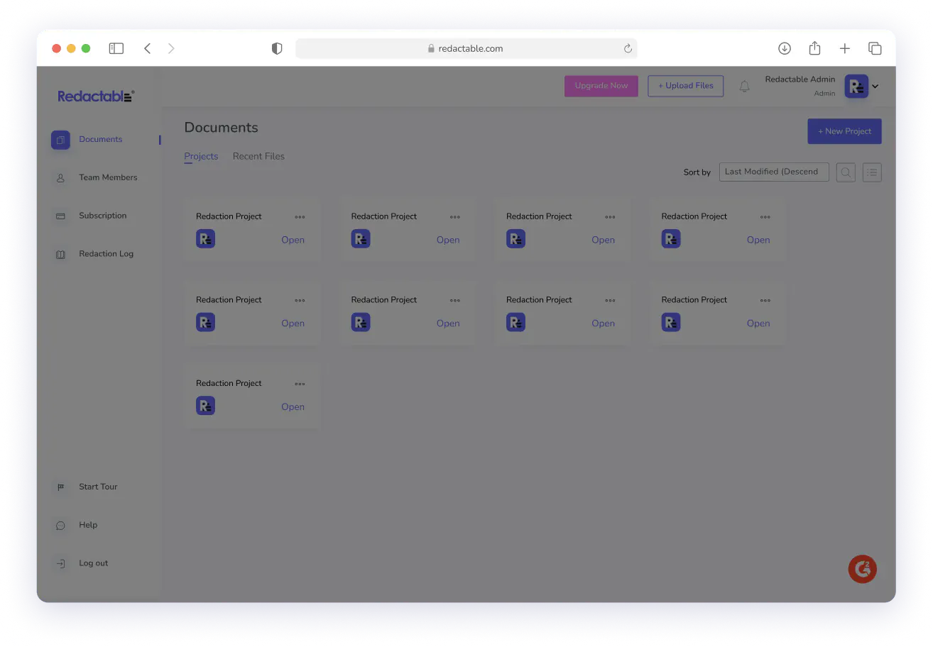 Dashboard screen showing multiple projects titled Redaction Project with options to open each one.
