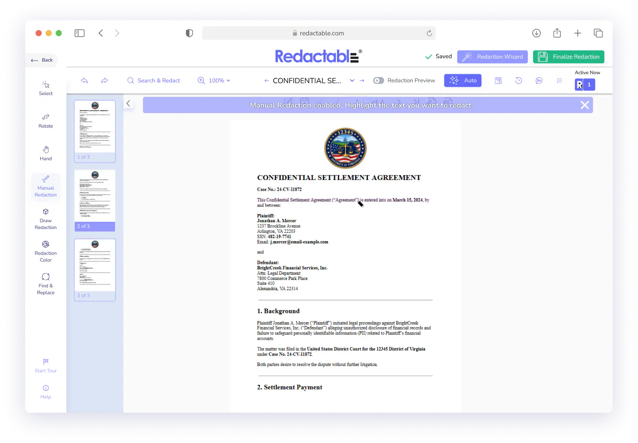 Screenshot of a redaction software showing a confidential settlement agreement document for manual redaction.
