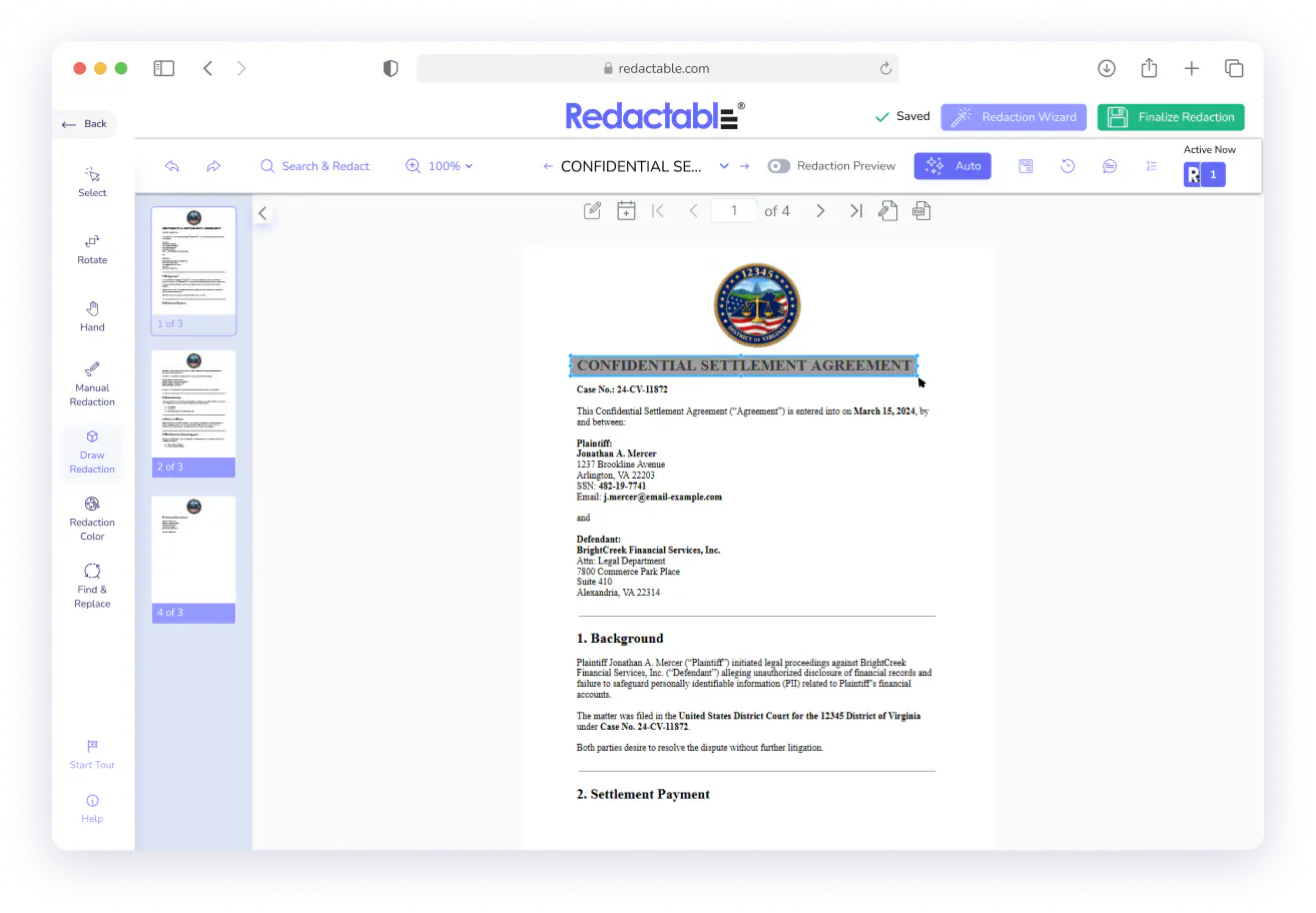 Redactable interface showing a confidential settlement agreement document with highlighted title text.