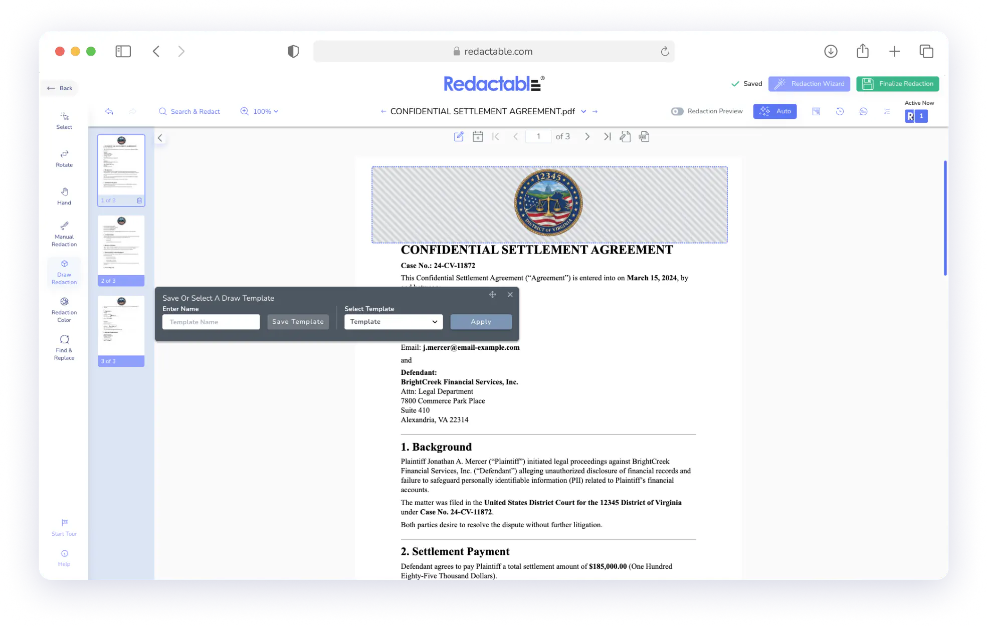 Redactable.com interface showing a confidential settlement agreement PDF with redaction template popup.