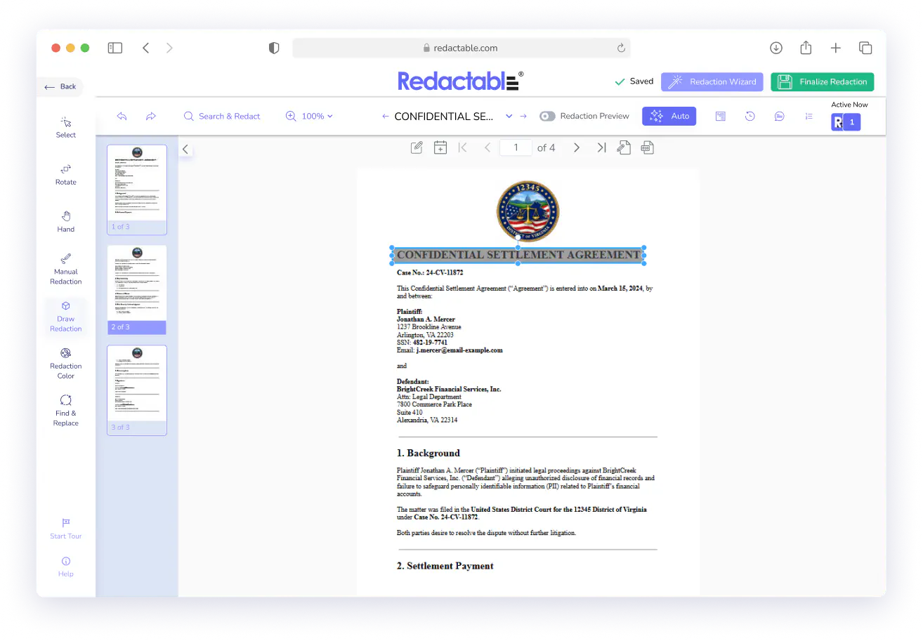 Redactable app interface showing a confidential settlement agreement document with redaction tools on the left.