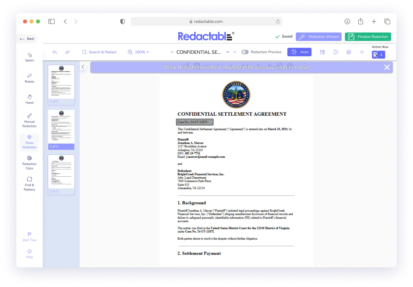 Redactable interface showing a confidential settlement agreement with redaction tools and a case number highlighted.
