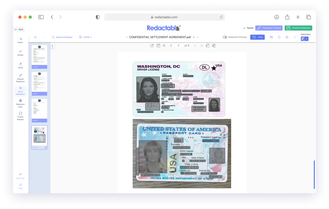 Redactable.com interface showing redacted images of a Washington DC driver license and a US passport card.