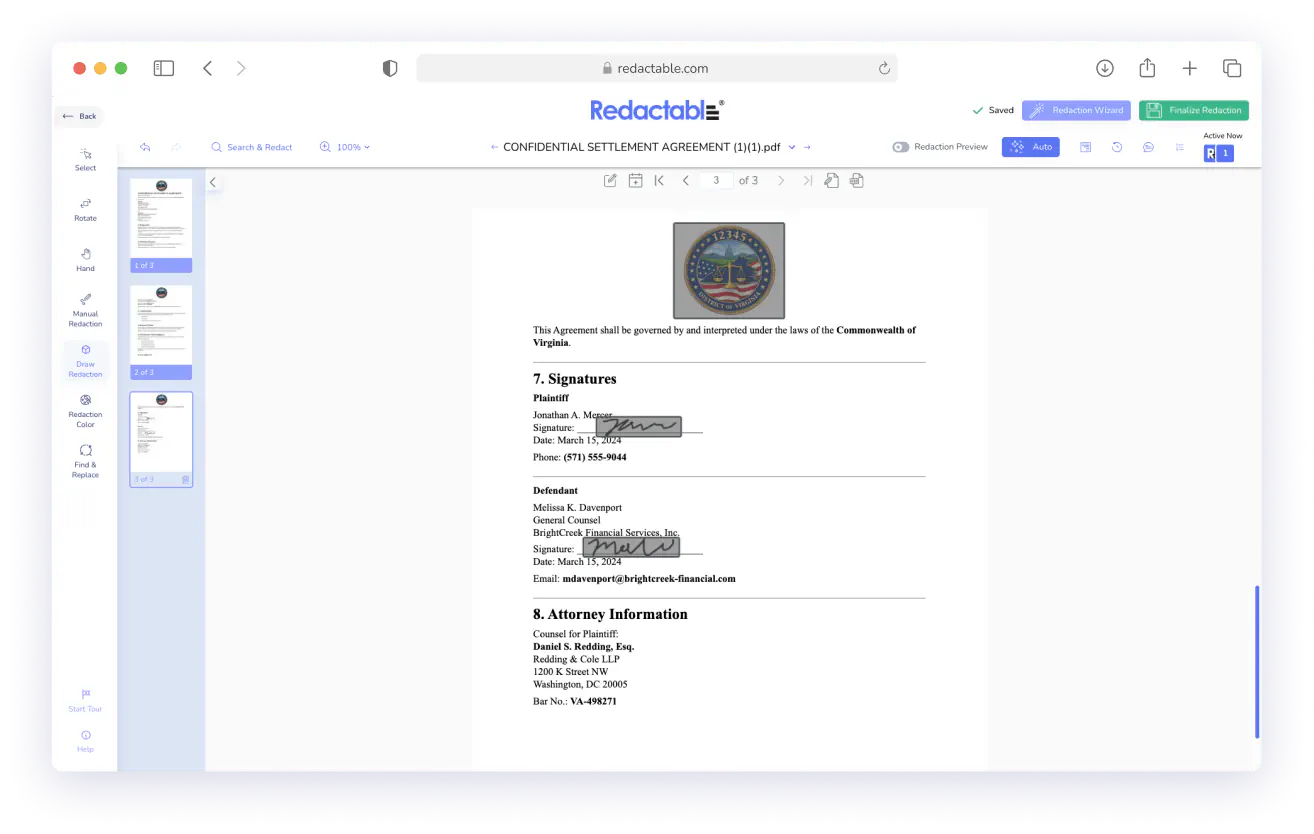 Screenshot of a confidential settlement agreement in a Redactable document editor showing signatures and attorney info.