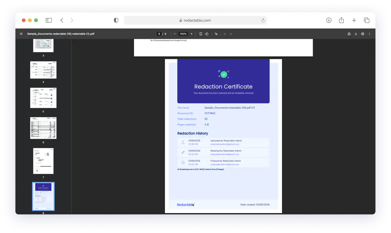 Digital redaction certificate showing file name, document ID, redactions count, and redaction history details.