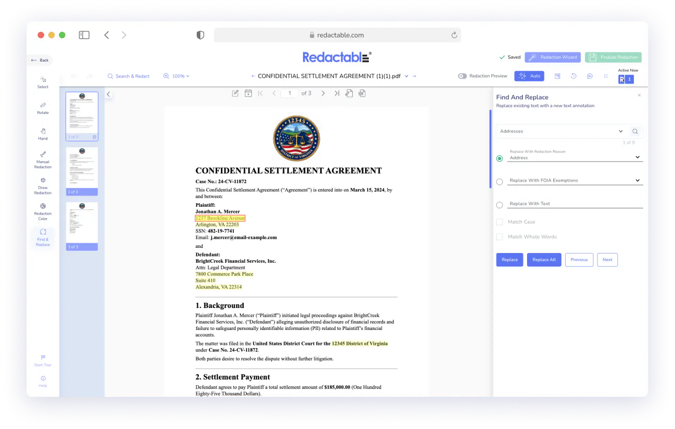 Screenshot of Redactable.com interface showing a confidential settlement agreement PDF with redaction tools.