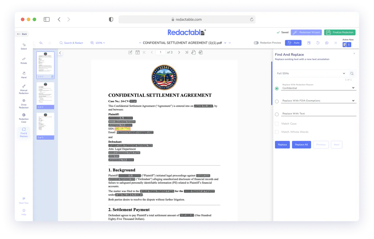 PDF editor open to a confidential settlement agreement with redacted sensitive information and Find & Replace tool active.