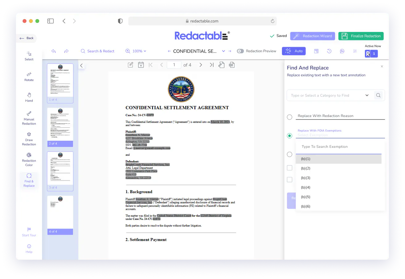 Redactable interface showing a confidential settlement agreement with redactions and Find & Replace feature.