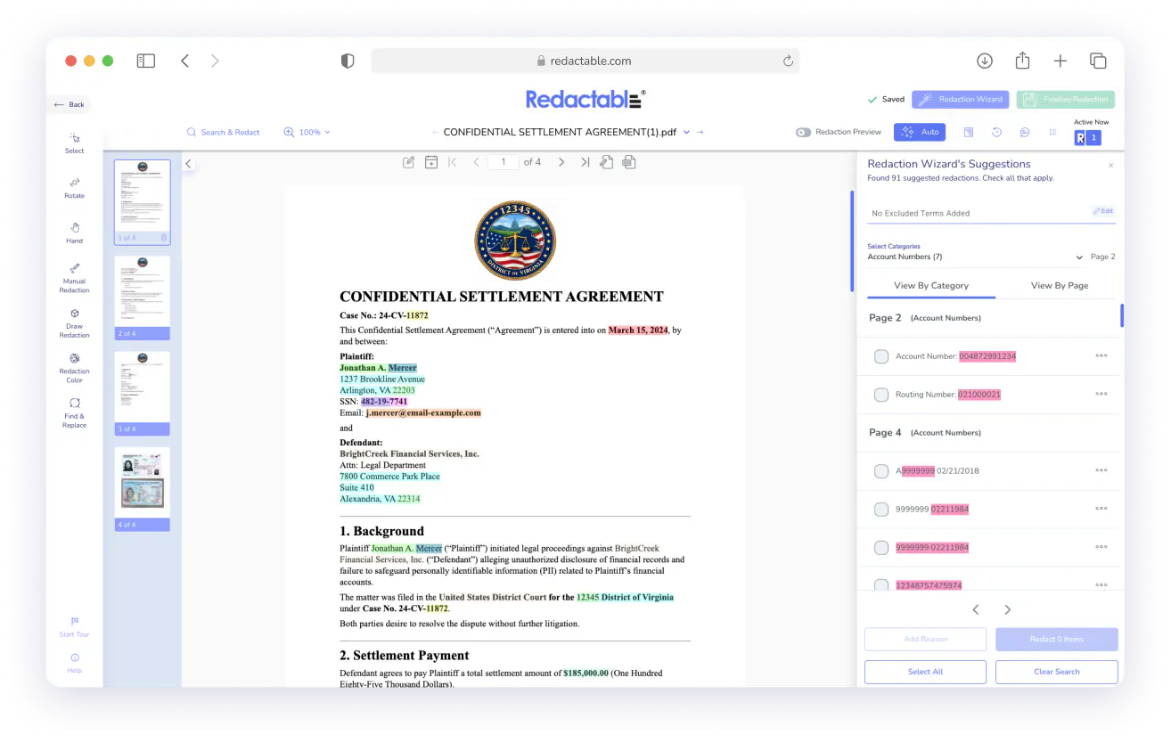 Screenshot of Redactable software showing a confidential settlement agreement with personal data highlighted for redaction.