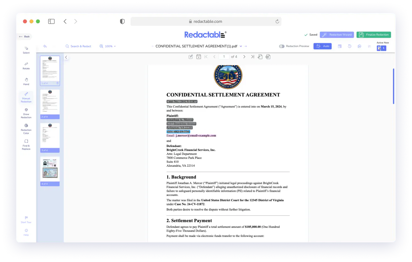 Redactable.com interface showing a confidential settlement agreement document with redacted sensitive info.
