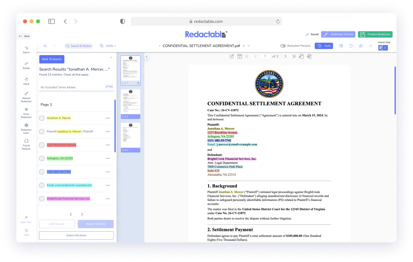 Redactable PDF viewer showing a confidential settlement agreement with highlighted personal data items.
