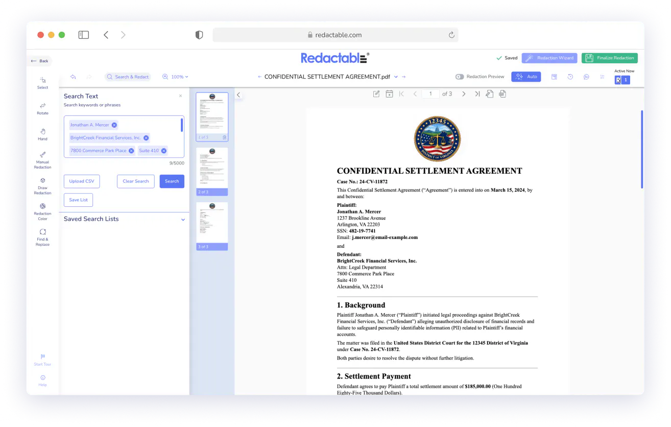 Redactable tool screen showing a confidential settlement agreement with search and redact features.