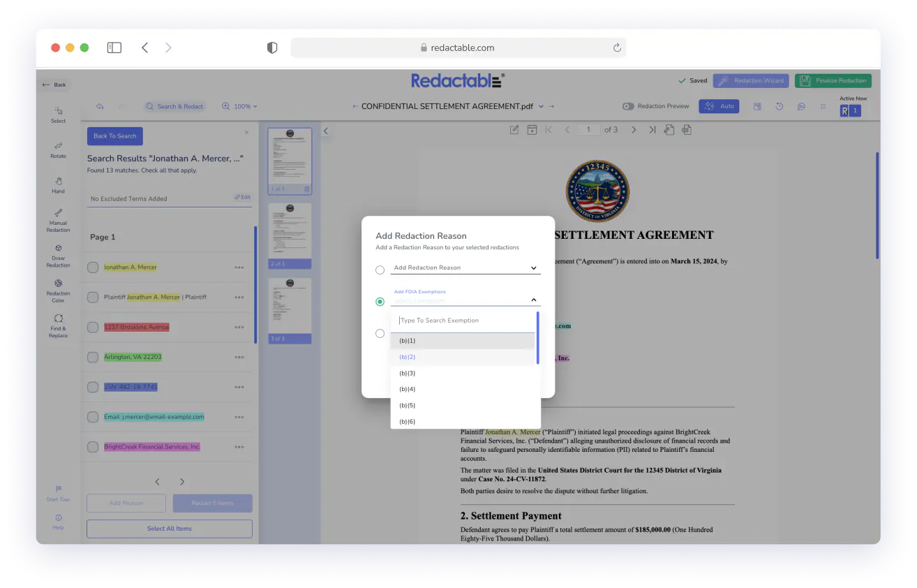 Screen showing a redaction tool with search results and a pop-up to add a redaction reason on a legal document.