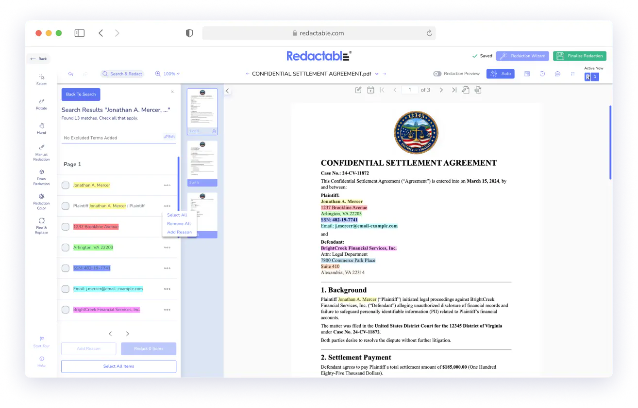 Document editing interface highlighting and redacting confidential settlement agreement details on screen.