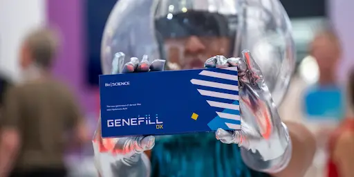 Una modelo sosteniendo una caja o paquete de rellenos faciales dérmicos Genefill DX