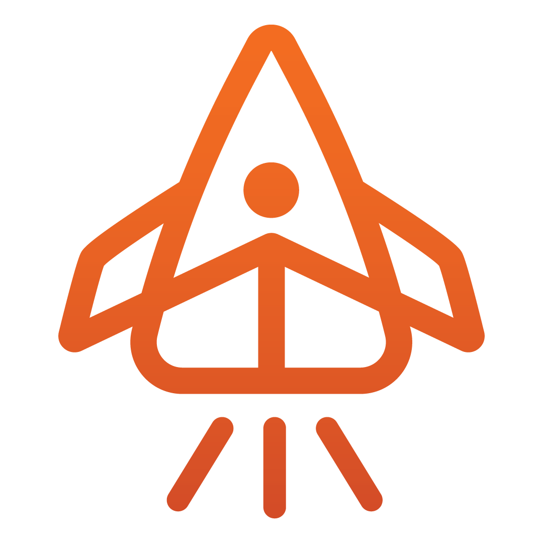 Orange gradient line art of a stylized rocket with a circular window and three flame lines below.