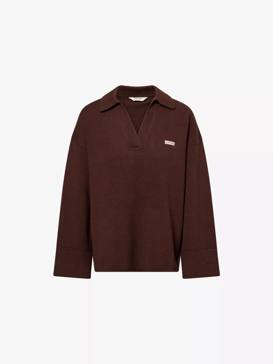 LOUNGE UNDERWEAR V-Neck Half-Placket Cotton-Wool Blend Jumper