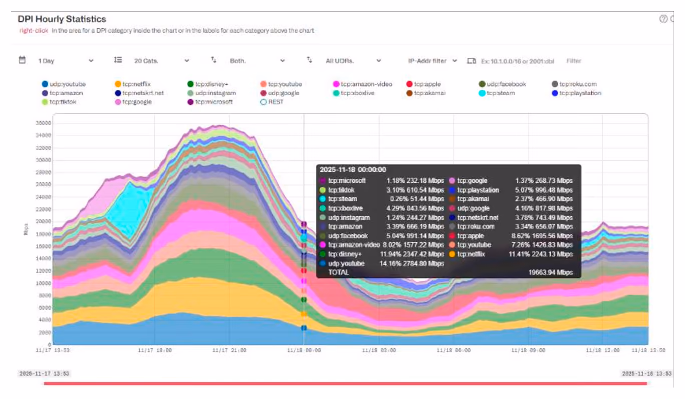 DPI Hourly Statistics dashboard breaking down hourly traffic by application across the network