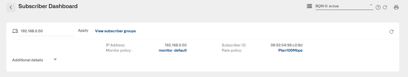 Subscriber Dashboard showing the assigned 100 Mbps rate policy