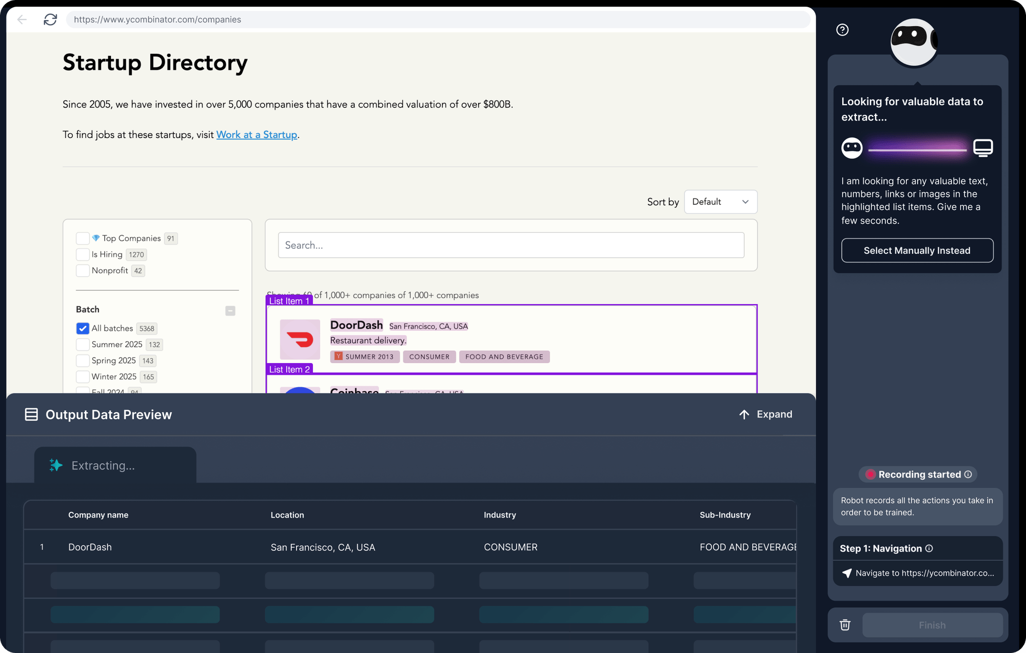 Training a Browse AI robot: the robot highlights list items on a page and previews the extracted data
