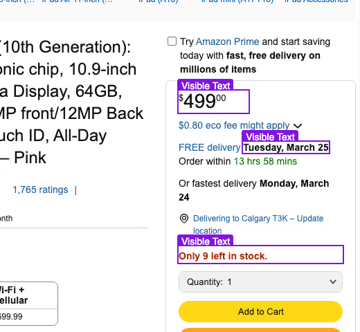 Capturing price, delivery date, and stock fields from a product page