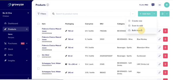growyze enables you to bulk upload product items