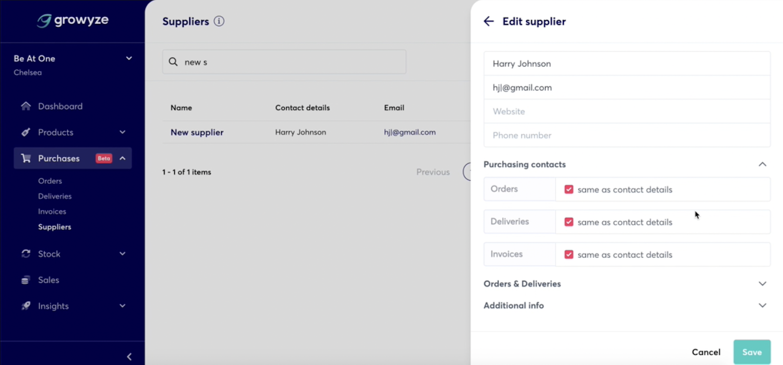 use growyze software to add supplier contact information