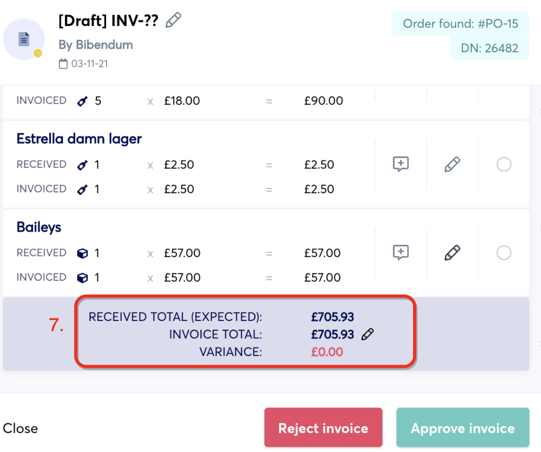 check expected total against invoice total