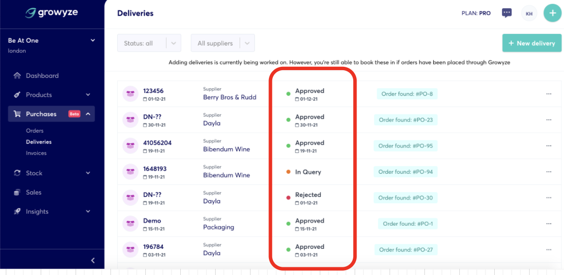 use growyze software to approve, reject or notify deliveries