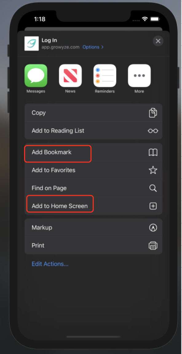 bookmark or add growyze to iOS device home screen