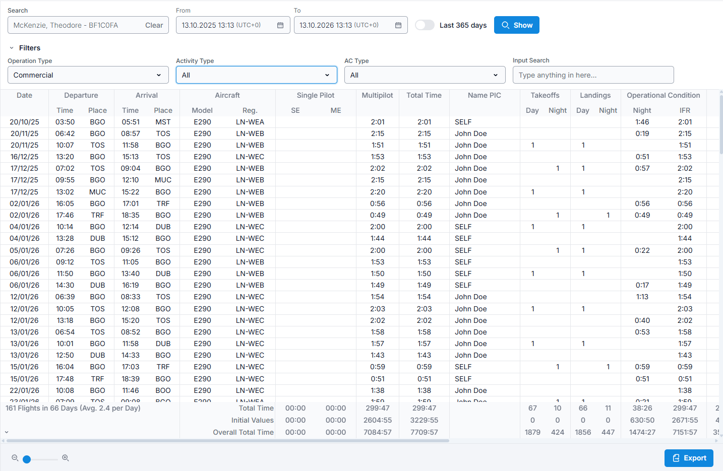 OffBlock web tool: flights of one pilot with filters and total times