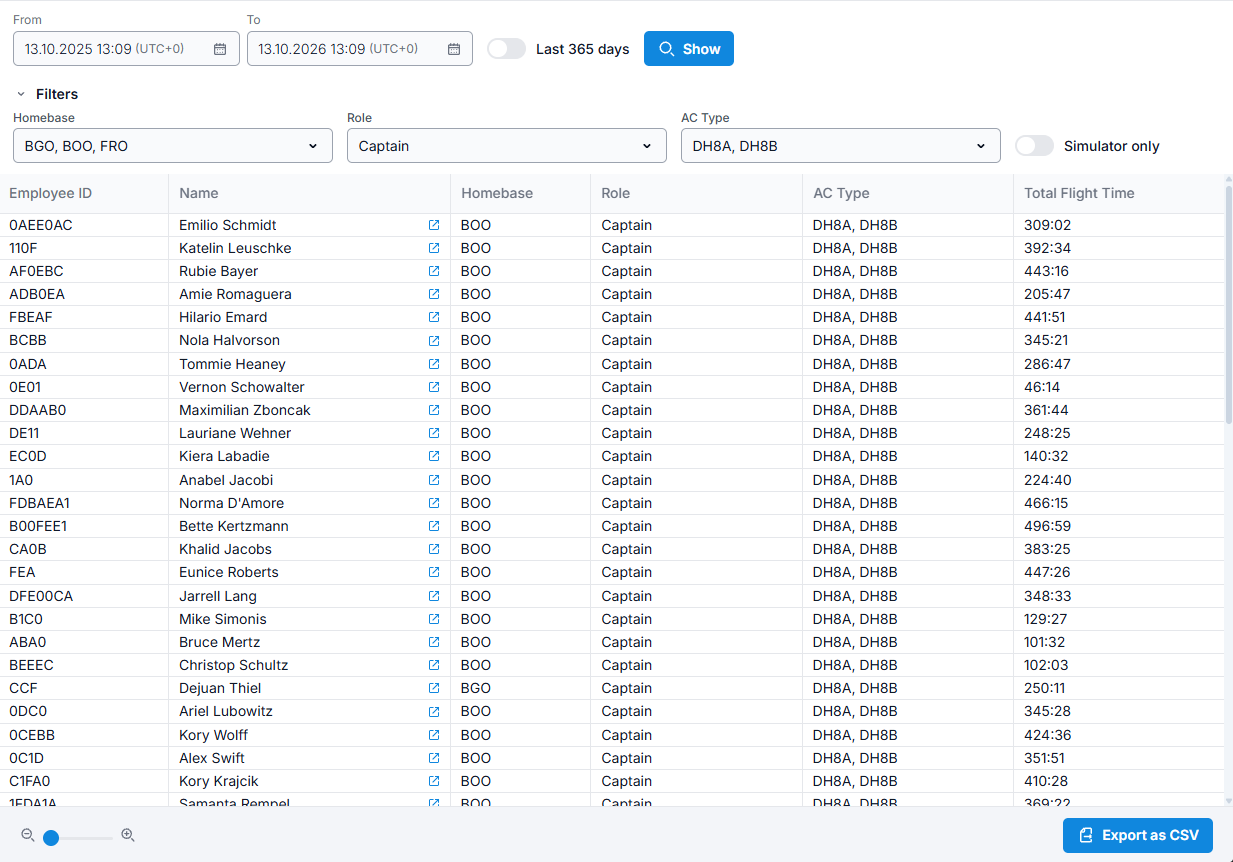 OffBlock web tool: flight time per pilot, filtered by homebase, role and aircraft type