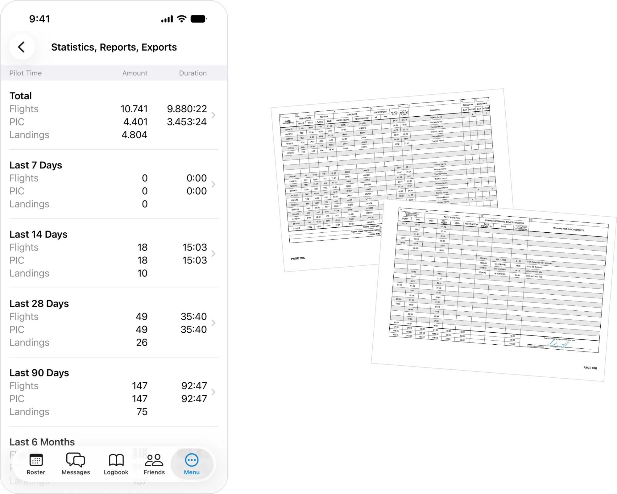 Logbook totals view and exported logbook pages