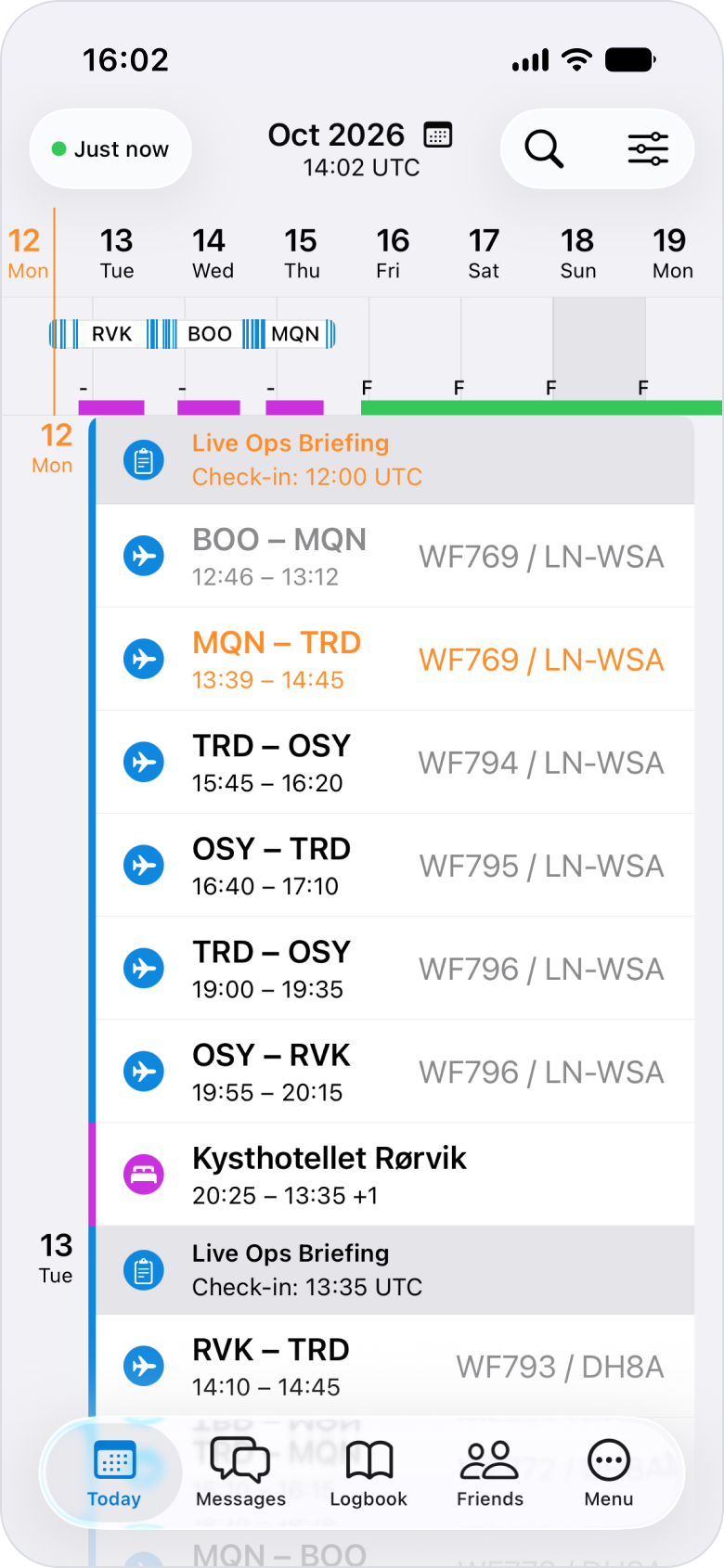 OffBlock crew app on iPhone: roster with a multi-sector rotation
