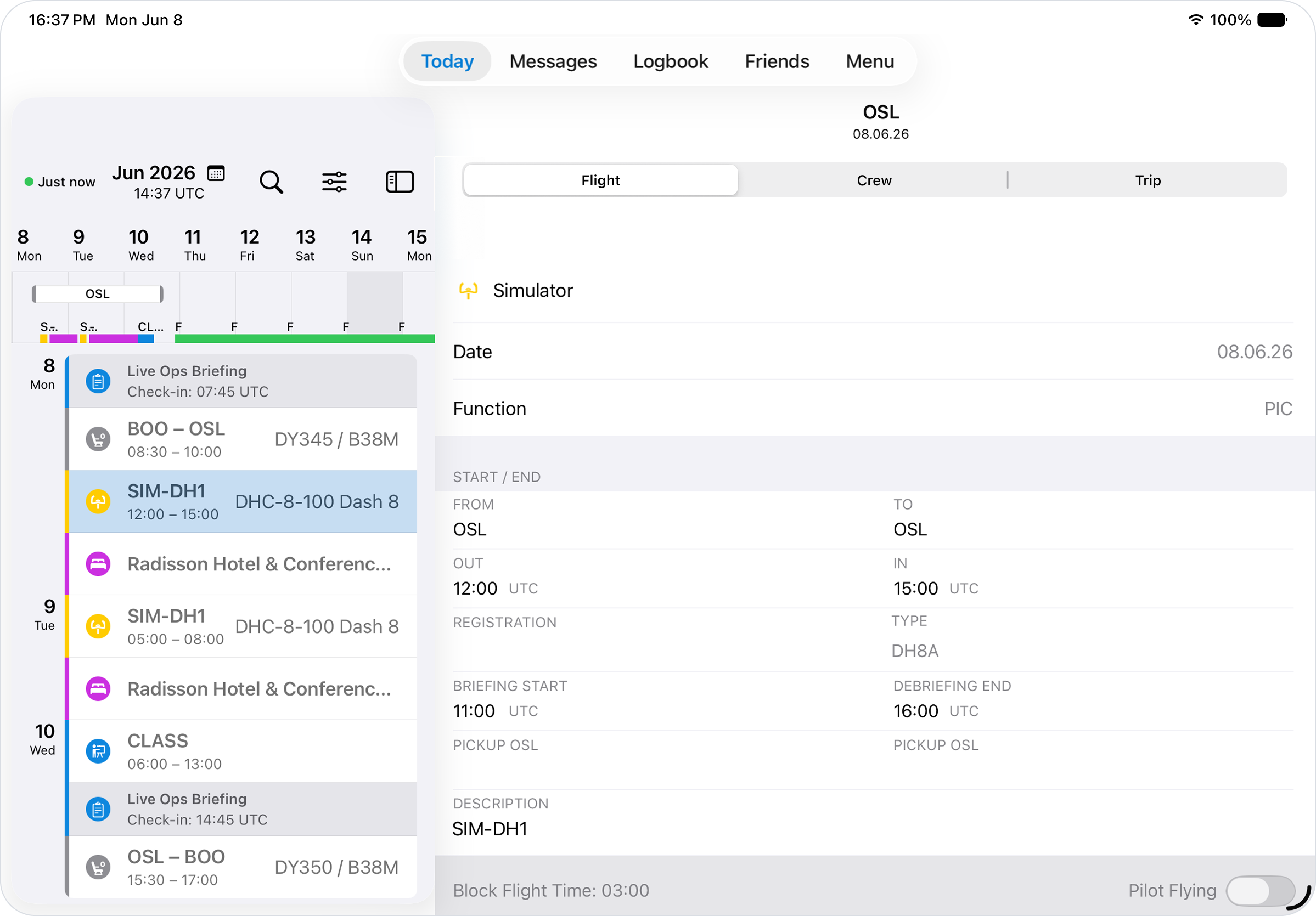 OffBlock crew app on iPad: rotation with grouped roster events and simulator duty details