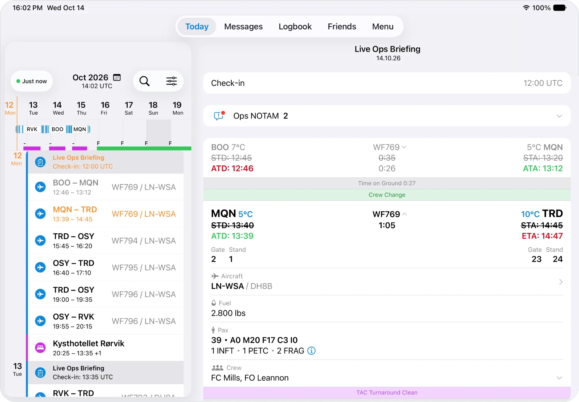 OffBlock crew app on iPad: Live Ops Briefing for a full duty day