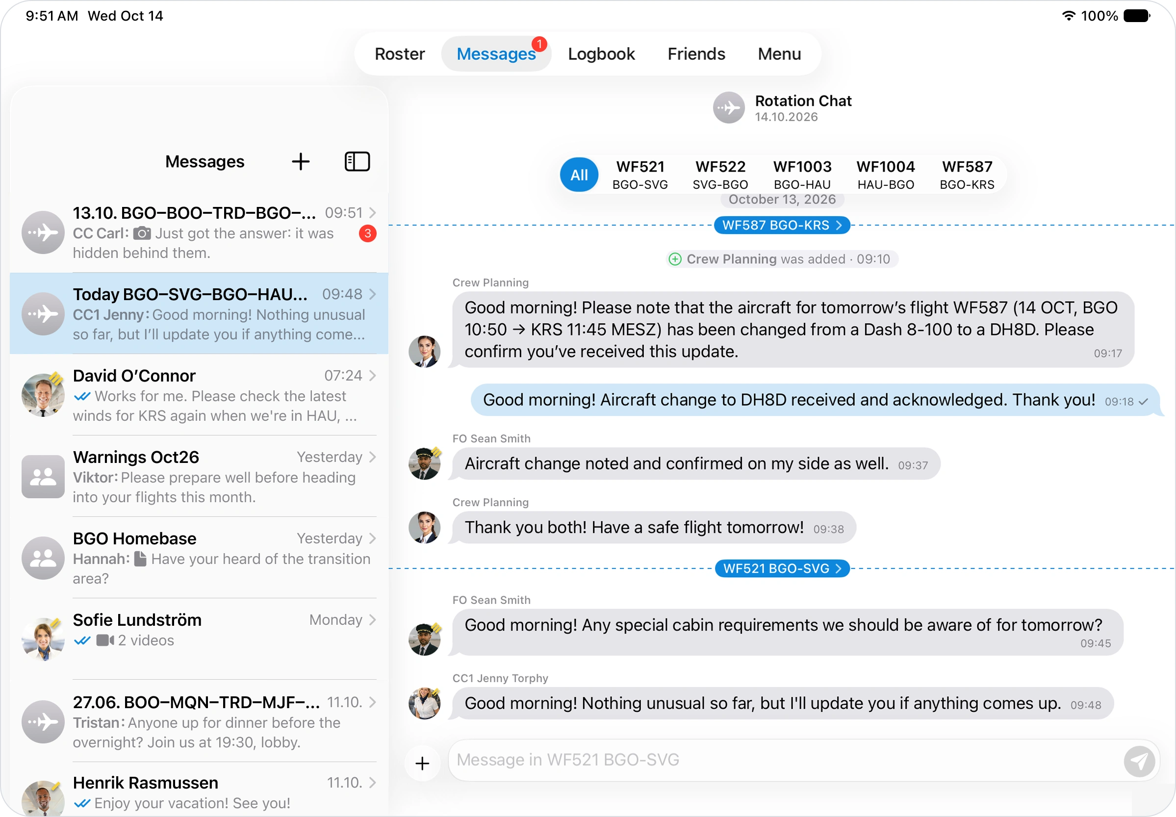 OffBlock crew app: rotation chat for a flight rotation