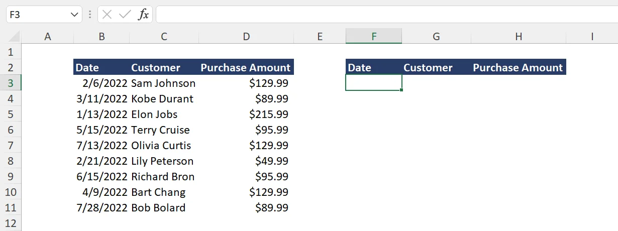 Example Excel Sort Data List