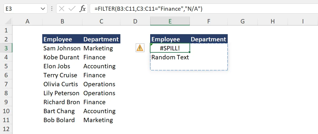 Excel Filter Spill Error Scenario