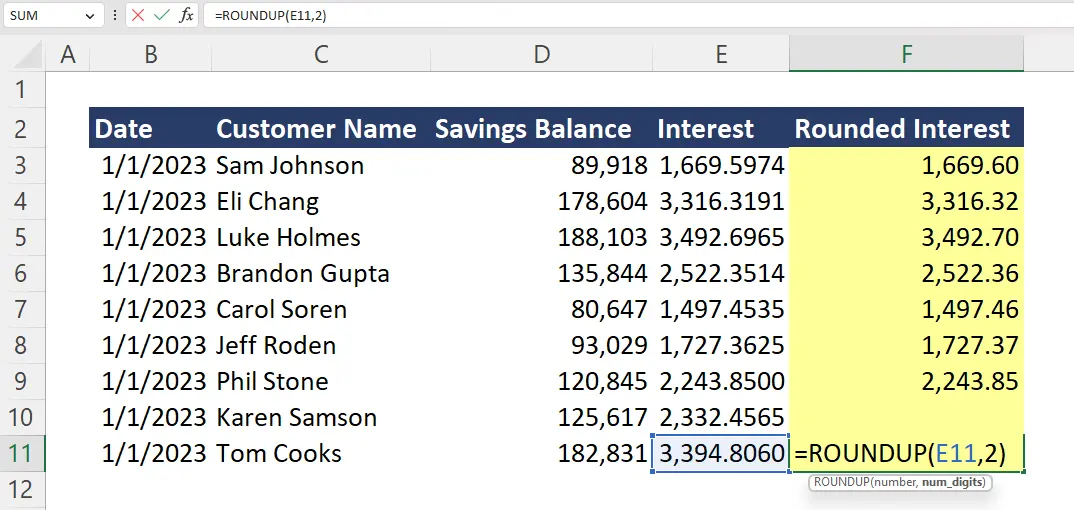 Excel ROUNDUP Example